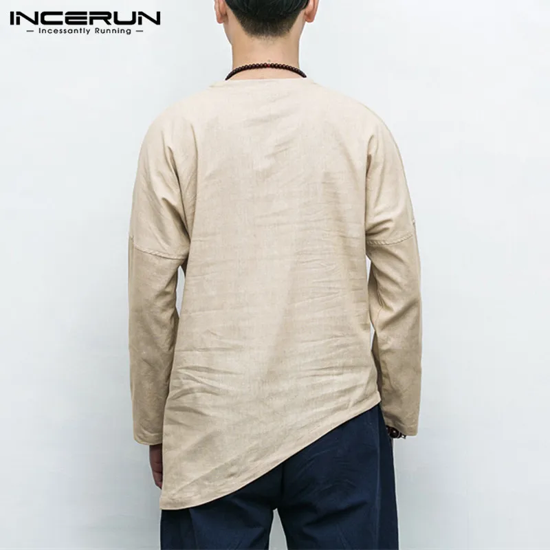 INCERUN/Мужская Повседневная рубашка в стиле ретро с длинными рукавами, однотонные Необычные топы, рубашка в китайском стиле, мужская хлопковая винтажная рубашка Camisa Masculina 5XL
