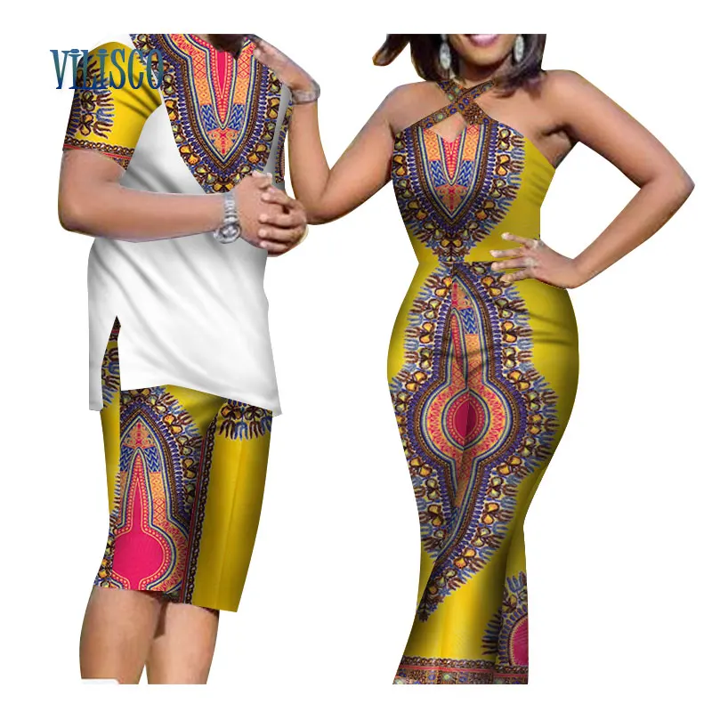 Летний Африканский принт, Мужской Топ и штаны, комплекты для пары, женская одежда Bazin Riche Dashiki, 2 штуки, одежда для влюбленных пар, WYQ81