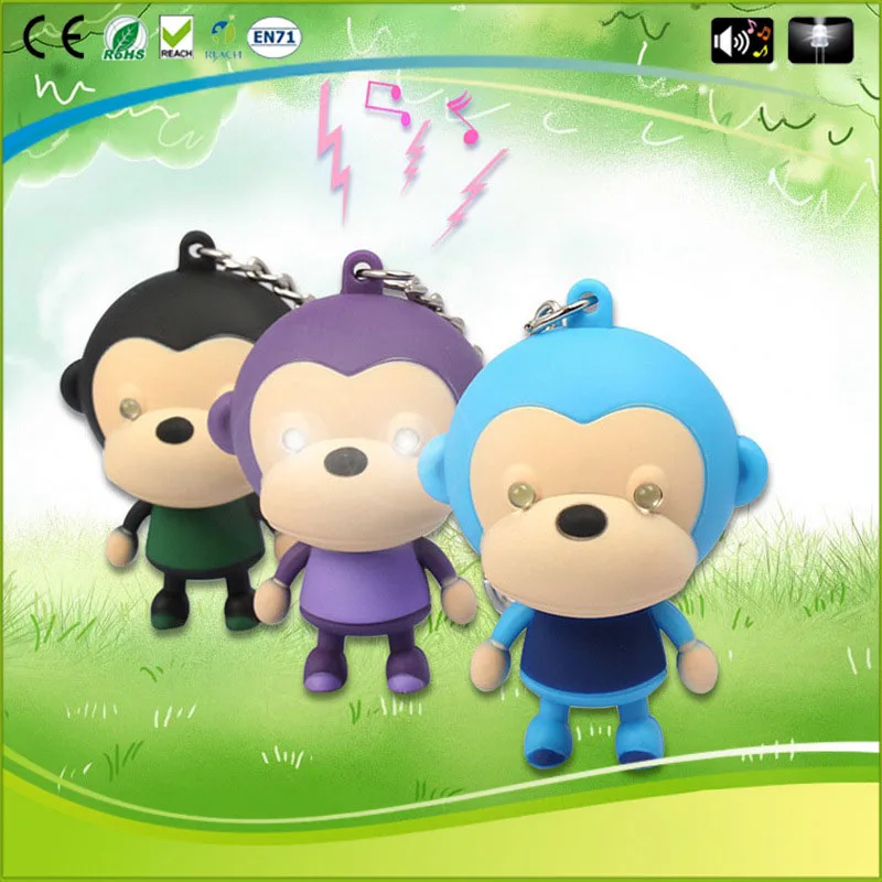 2016 Big Face Cute Monkeys LED keychain pvc sound monkey action figure toy good gift for