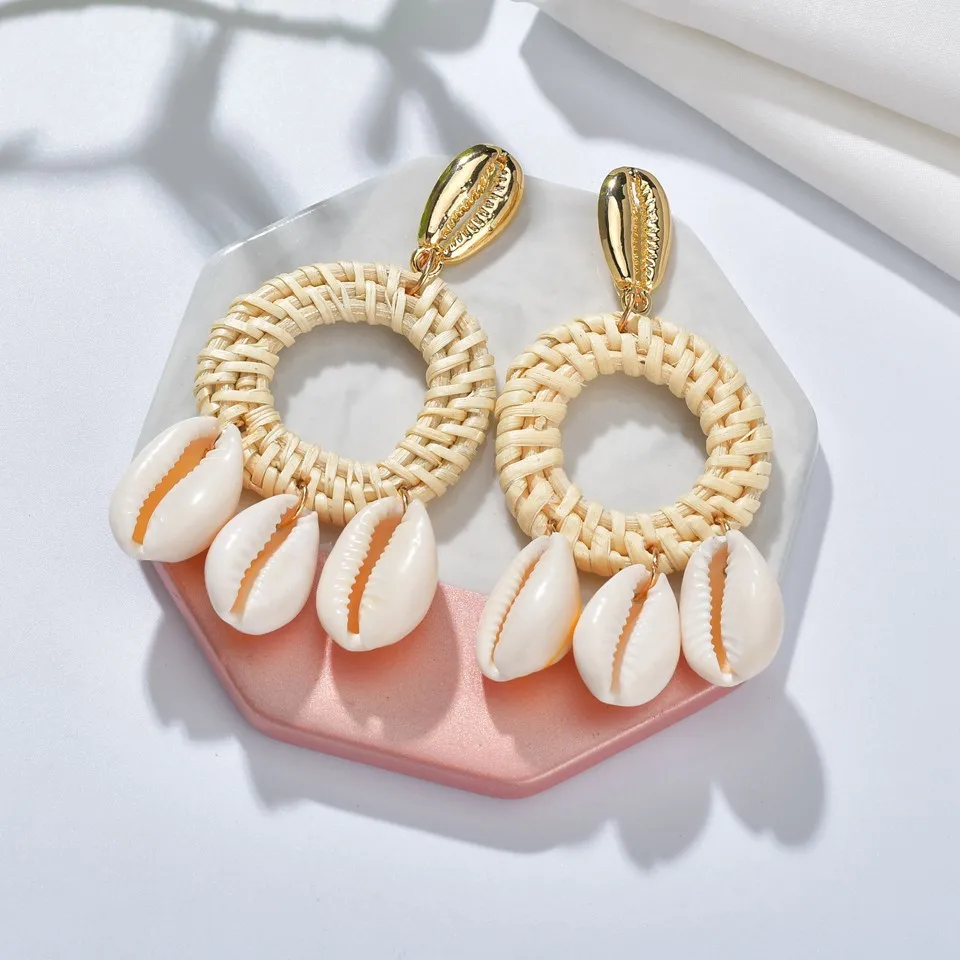 

13 Styles Bohemia Handmade Geometric Rattan Straw Weave Knit Vine Drop Earrings For Women Korea Shell Earring Jewelry Wholesale