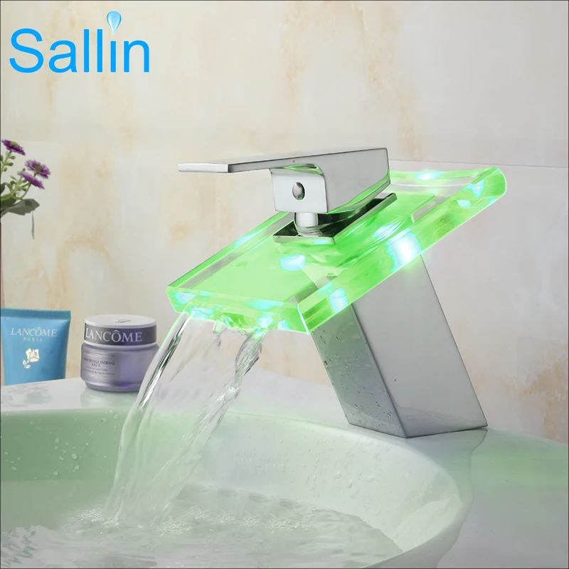 

LED Light Waterfall Bathroom Faucets Basin Faucet Deck Mount 3 Colors Change Led Tap Water Power Basin Led Chrome Mixer