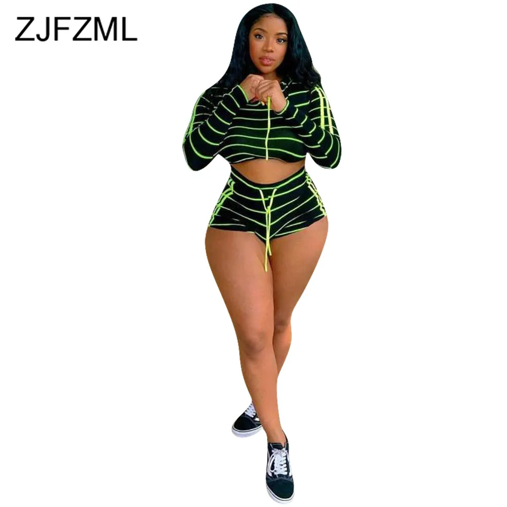 

Neon Green Striped Sexy 2 Piece Set Women Summer Clothes Long Sleeve Hooded Crop Top And Bodycon Shorts Casual Two Piece Outfit