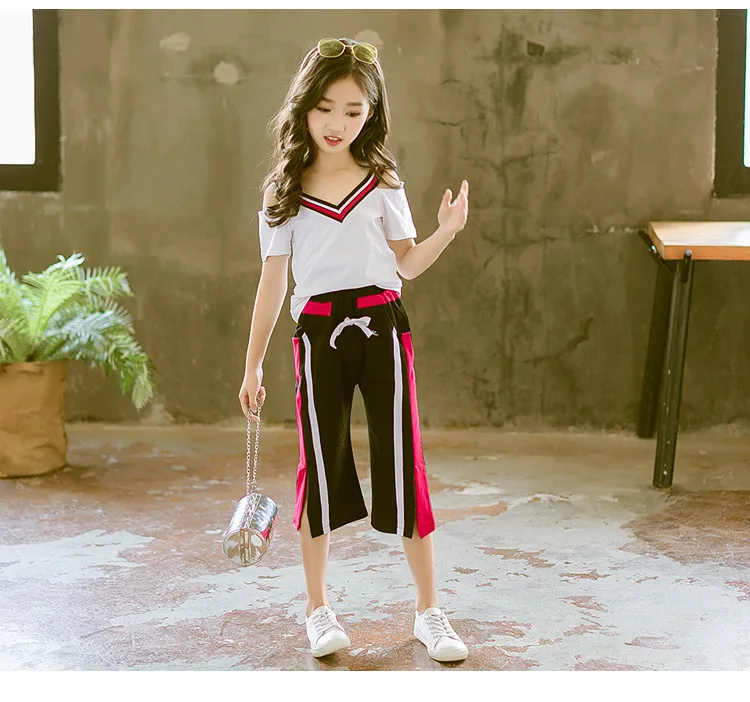 Fashion Summer Girl Clothing Teenage 2019 Child Set 2Pcs White T Shirt Wide Leg Pants Kids Clothes Outfits Sports Suit For Girls (10)