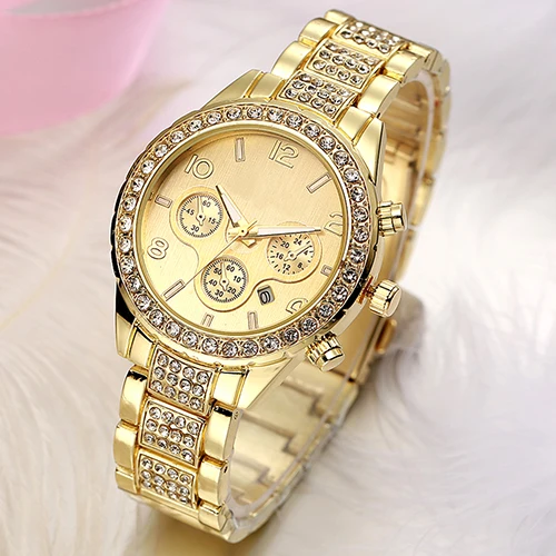font b Women s b font Rhinestone Band Round Case Analog Date Diaplay Quartz Wrist