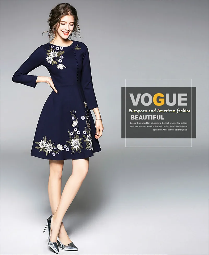 Women Flowers Embroidered Hem Dress Round Neck 3/4 Sleeve A-line Skirt 2018 Spring Summer Fashion Knee Length Dress