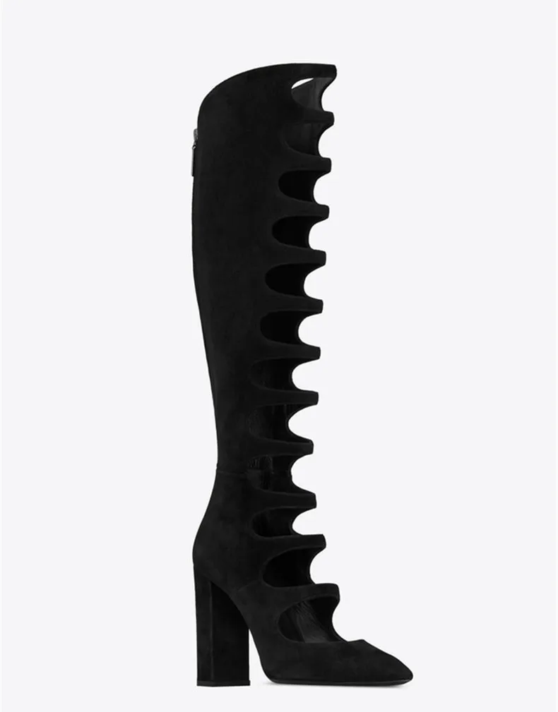 

Luxury Black Hallow Out Woman Boots Back Zipper Long Booties High Heel Knee High Boots Suede Runway Star Brand Sapato Feminino