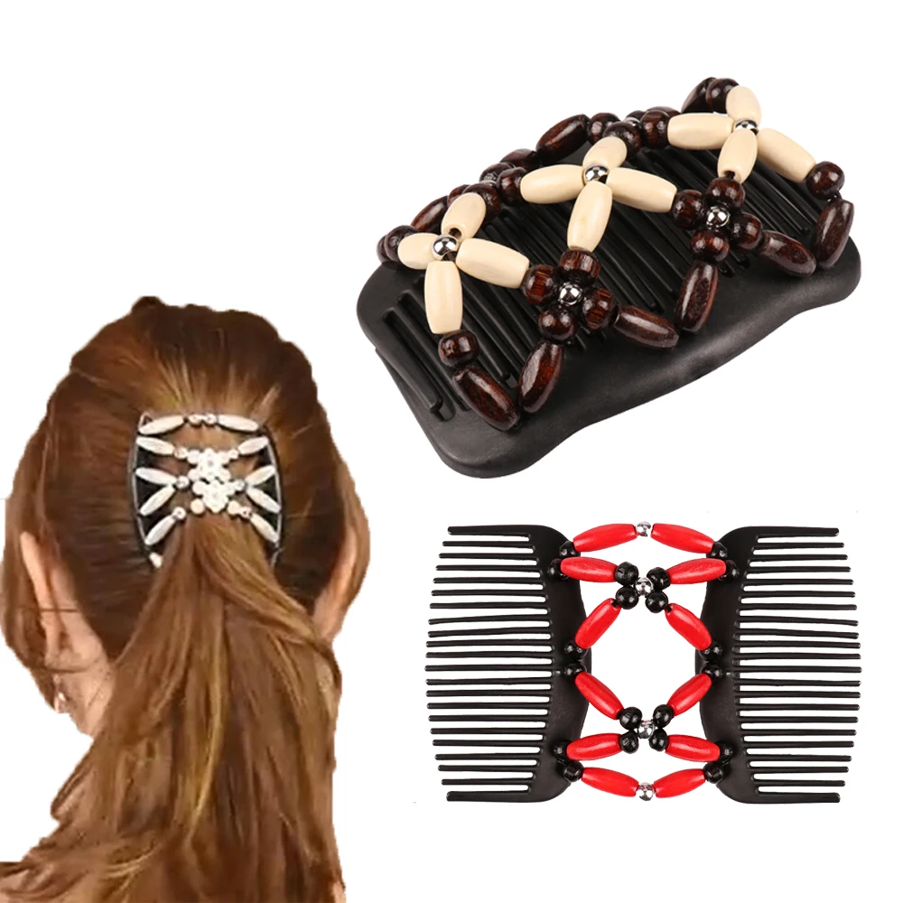 

Hair Magic Comb Clip for Women Girls Wood Bead Elasticity Double Hair Brushes Clips Hair Style Accessories