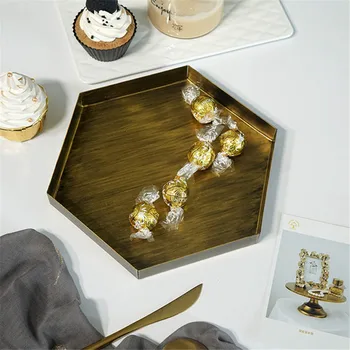 

Retro Metal Hexagon Storage Trays Creative Elegant Luxury Golden Desktop Plates Multifunction Jewelry Dish Decoration Organizer