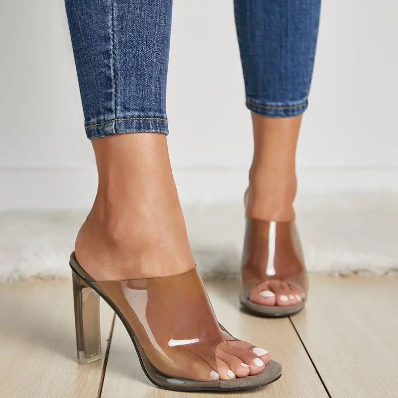 

2019 PVC jelly shoes sandals peep toe chunky high heels women transparent PVC heel perspex slippers high-heeled clear sandals 42