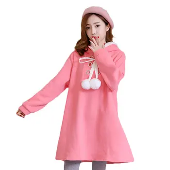 

New Maternity Dress Autumn Winter Korean Women Plus Velvet Thicken Loose Large Size Pink Pregnant Hooded Dress LQ533