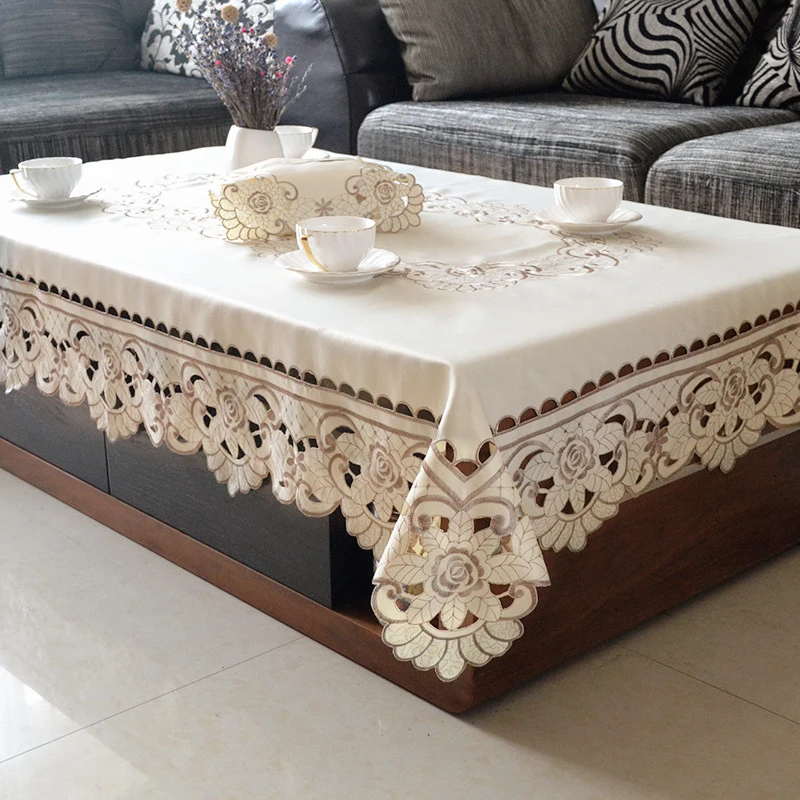 

Europe Style Wedding Tablecloth Embroidered Floral Lace Edge Dustproof Covers for Table Mats Home Party Table Cloth Table Runner