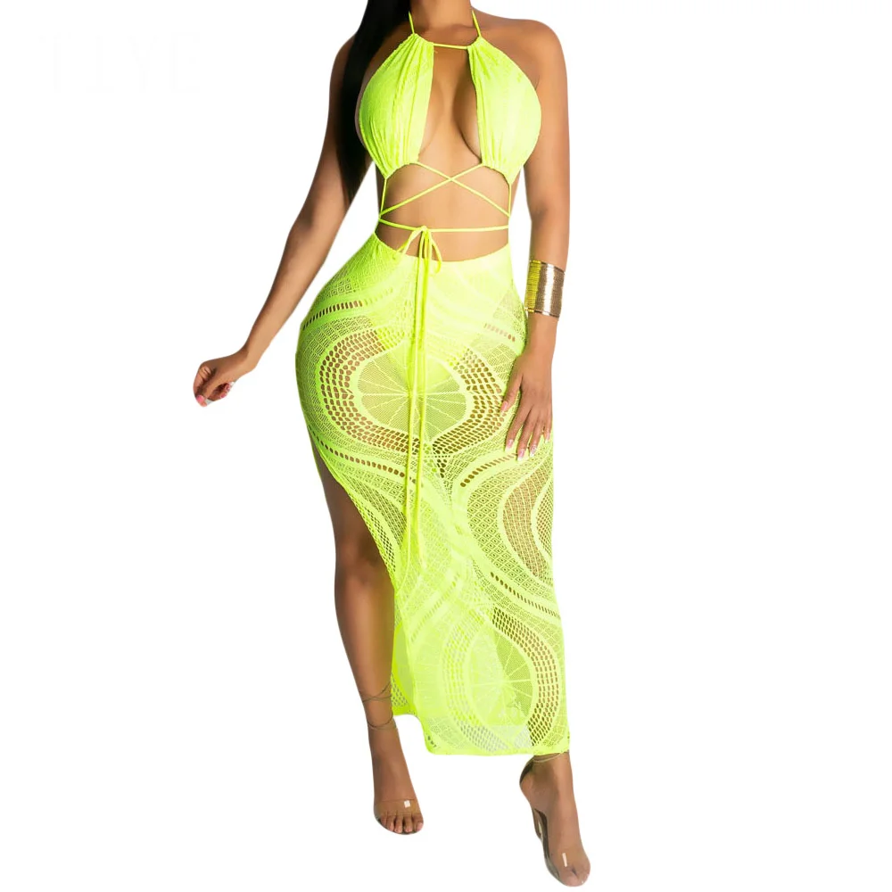 

Sexy Deep V Neck Cross Lace Up Halter Dress Elegant High Split with Lined Maxi Dresses Lady Night Club Dress Robe Longue Boheme