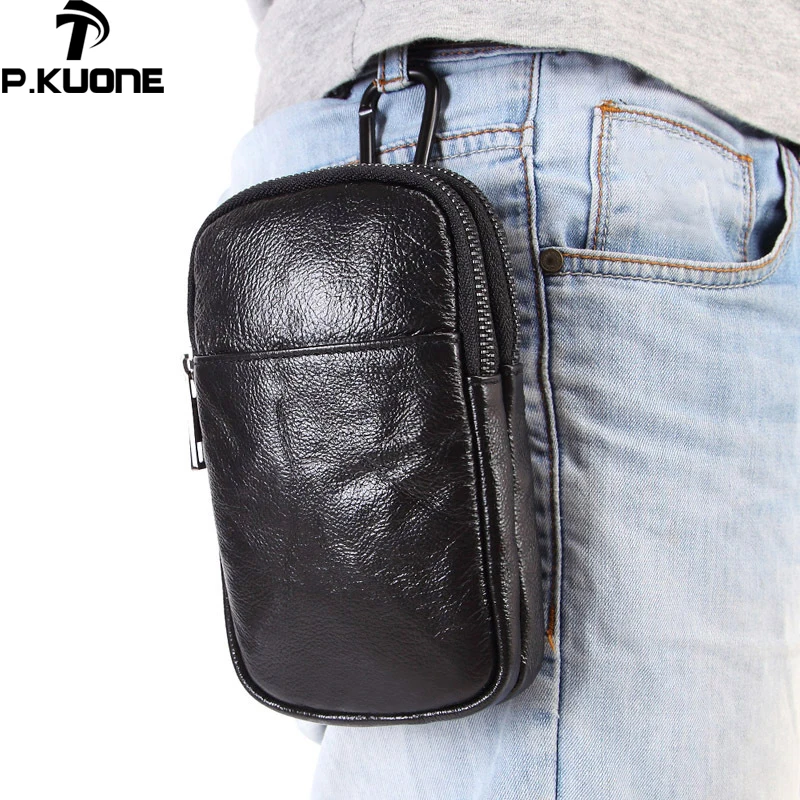 

P.Kuone Men's Pockets Genuine Leather Belt Waist Bag Double layer First Leather Multi-function Leather purse Small Waist Bag