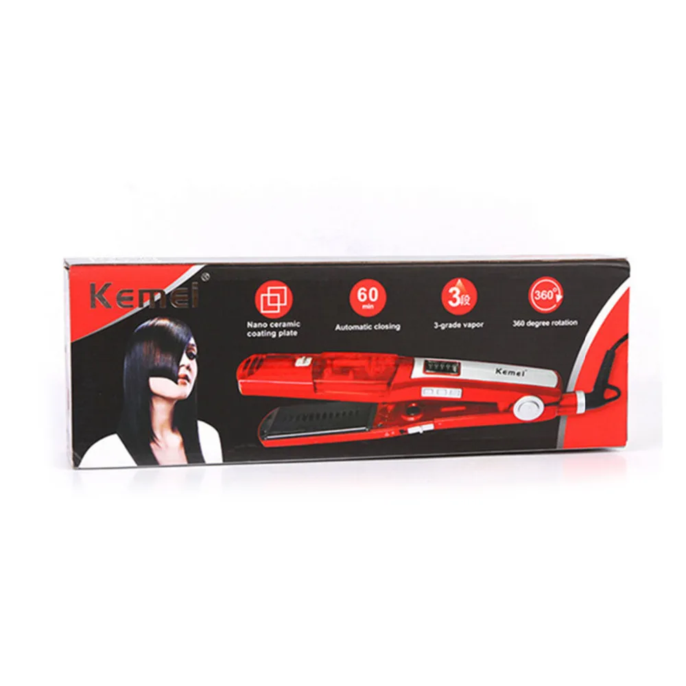 110-240V Kemei Professional Steam Hair Flat Iron Vapor Spray Straightener Ceramic Electric Hair Straightening Brush Comb Salon2