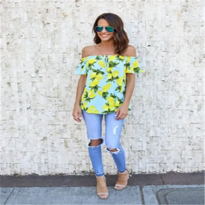 

Off Shoulder Blouse 2018 New Hot Women lemon Print Shirt Short Sleeve Tops Slash Neck Loose Blouse Feminino Shirt Blouse