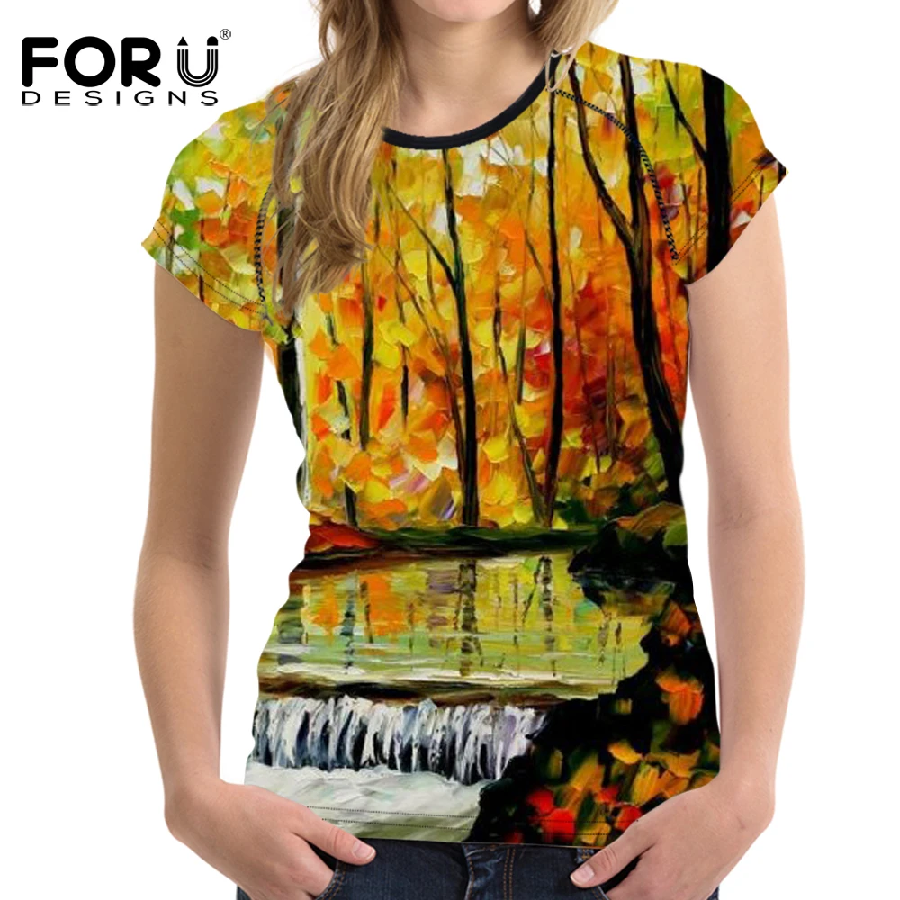 Harga FORUDESIGNS T Kemeja Wanita Daun Lukisan Minyak Dicetak T shirt Teeangers Lucu Pohon Pola Tee Kemeja Puncak Musim Panas untuk Wanita
