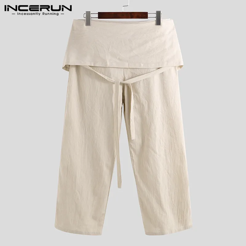 INCERUN мужские тайские штаны для рыбалки треники из хлопка широкие брюки со шнуровкой мужские однотонные мешковатые Модные Повседневные Брюки Большие размеры - Цвет: Beige Pants