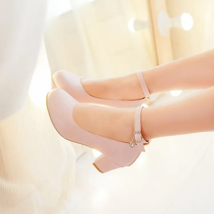 

6cm Heel Spring autumn buckle strap Large Size 9 Work Shoes high heels zapatos mujer sweet pink white size 8.5 women's shoes