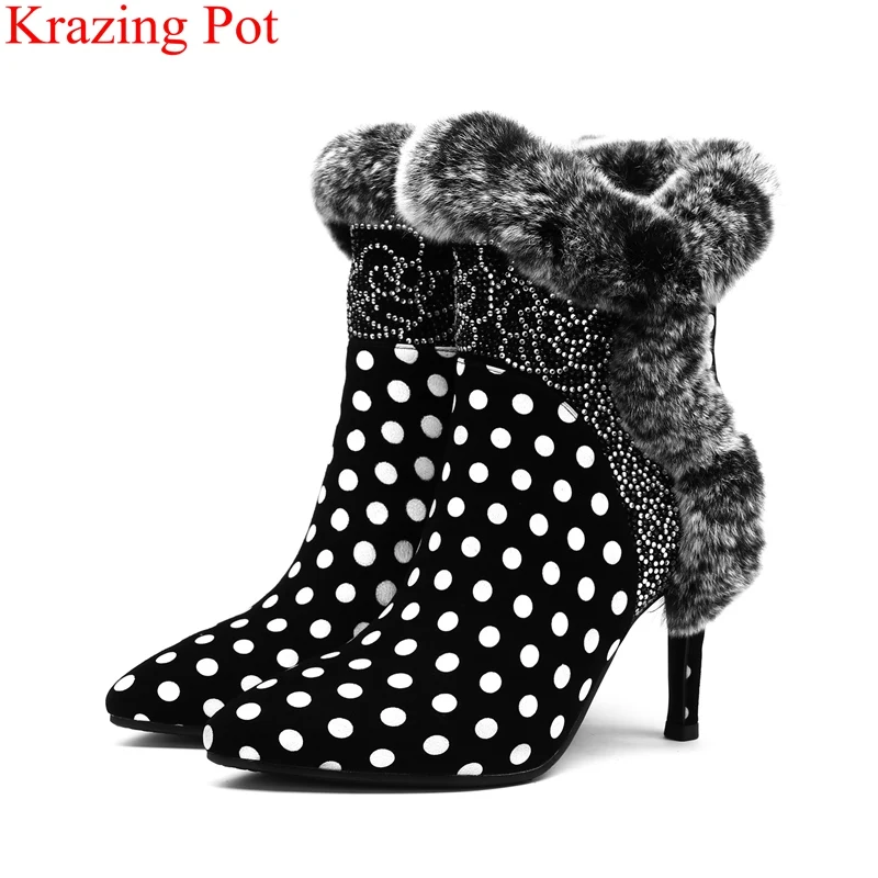 

2018 new kid suede zipper sweet polka dot super high print crystal office lady nightclub women ankle boots fur winter shoes L37