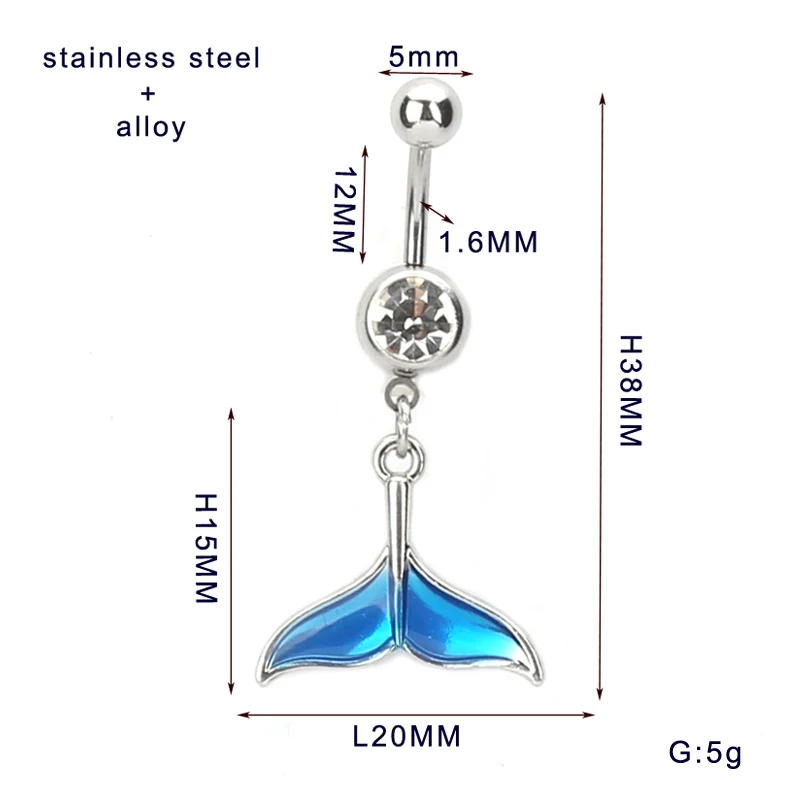 Русалка Стиль рыбий хвост пупка Пирсинг из нержавеющей стали Кристалл пупка кольцо для женщин ювелирные изделия для тела
