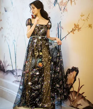 

Summer Women Vintage Elegant Black Mesh Maxi Dress Ladies Retro Luxury Embroidery Star Sequins Long Dress vestido de festa longo