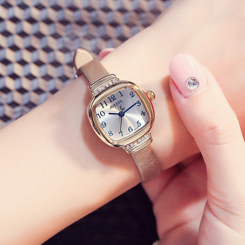 Julius бренд Леди Винтажные кожаные часы женские ретро квадратный цифровой маленький циферблат кварцевые платье наручные часы Роскошные Relogio Feminino