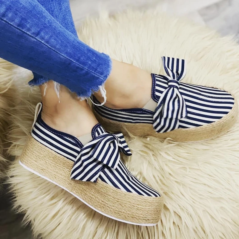 HEFLASHOR Espadrilles Women Flats Shoes Slip On Casual Ladies Shoes thick bottom Lazy Loafers Female Bow Tie Espadrilles - Color: Stripe