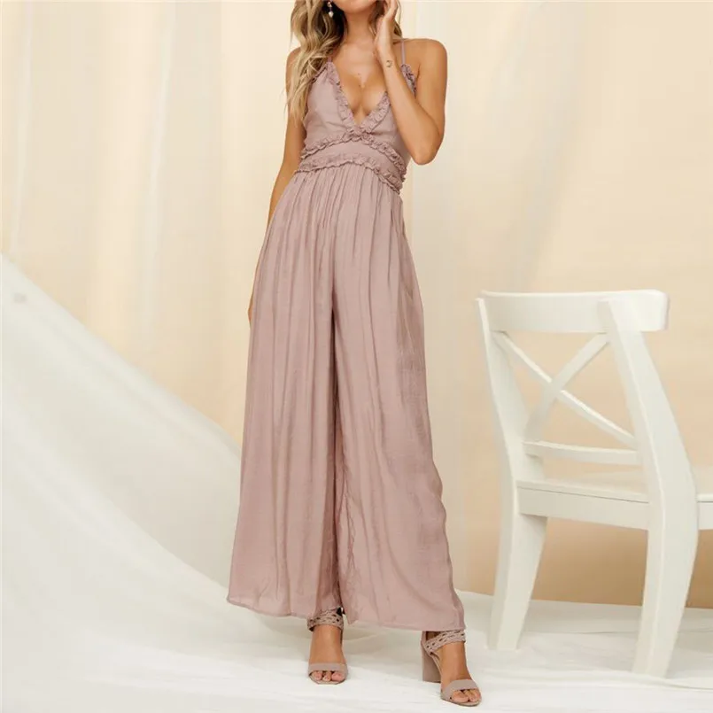 New Fashion Women Summer Sexy  Sleeveless V Neck Solid Ruffle Loose Sling Jumpsuit Elegant Lady Casual Bodysuits Playsuit #4R08 (21)