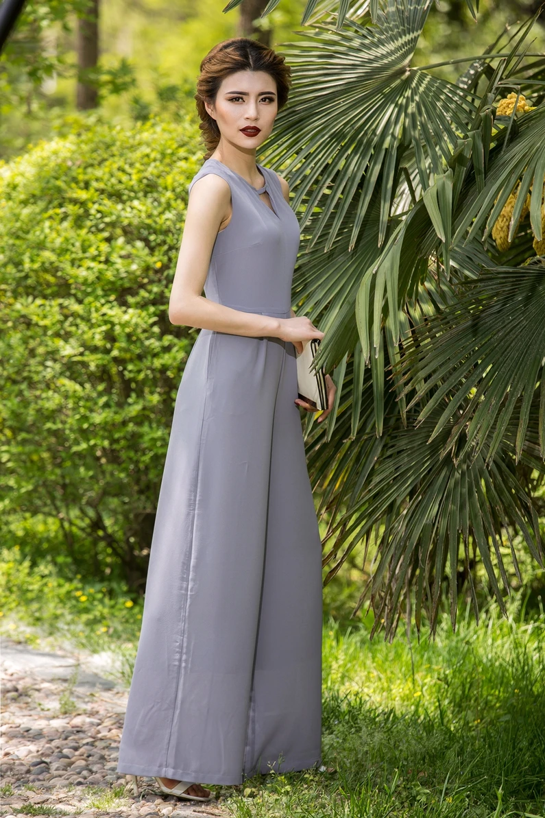 Jumpsuits for Women 2018 Summer Party Overalls Rompers Chiffon Fashion Elegant Gray Color Full Length Bodysuit Plus Size 3XL 4XL