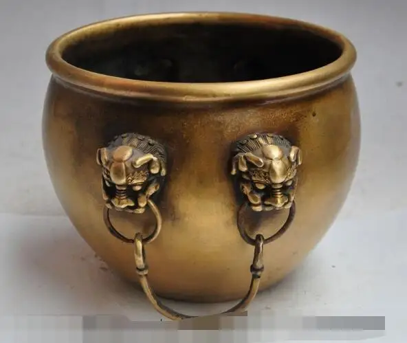 

S02544 8"china fengshui pure bronze foo dog beast head statue jar incense burner Censer B0403