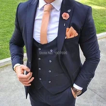 2018 Navy Blue Wedding Groom Tuxedos for Mens Suits Peaked Lapel Slim Fit Three Piece Jacket Pants Vest Custom Male Blazer 2018 Navy Blue Wedding Groom Tuxedos for Mens Suits Peaked Lapel Slim Fit Three Piece Jacket Pants Vest Custom Male Blazer