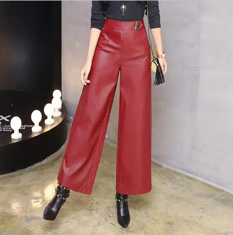 red faux leather trousers