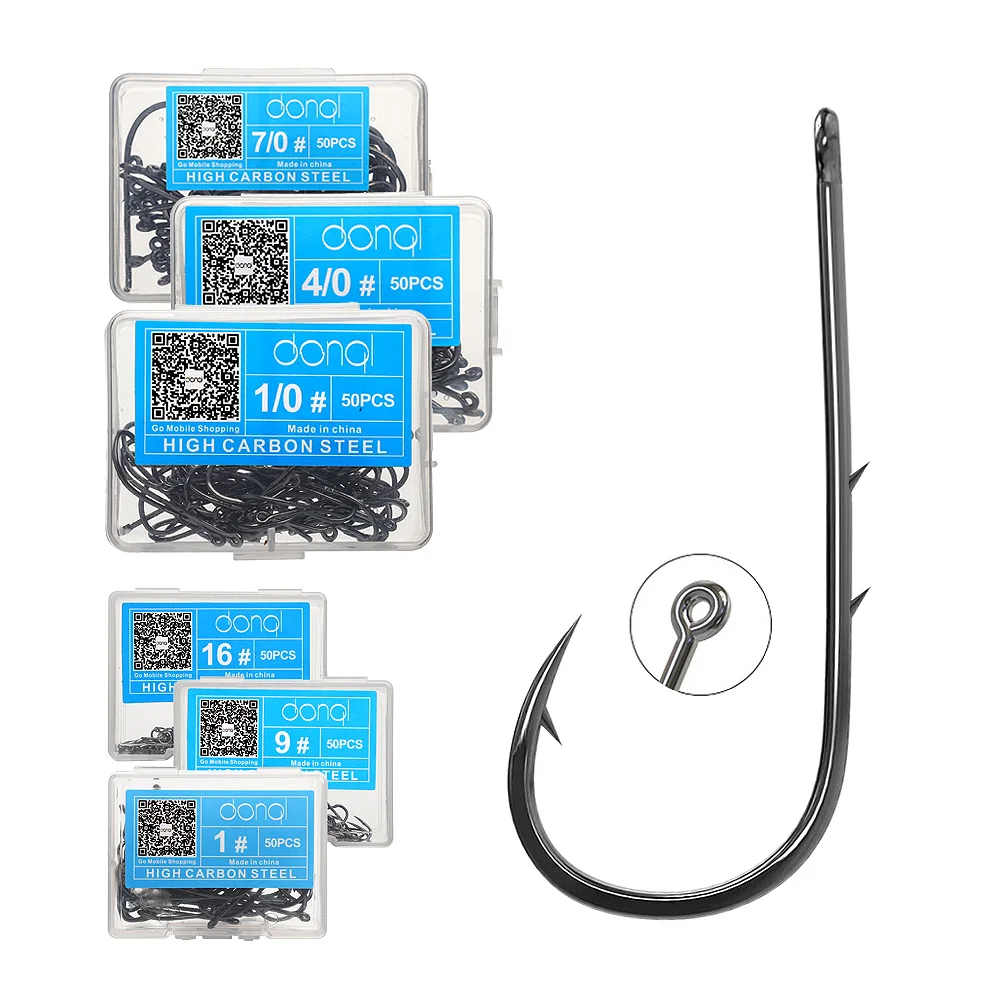 DONQL 50 pcs الكربون الصلب خطاطيف للصيد البحر دودة الكارب واحدة دائرة الشائكة مجموعة خطفات يطير معدات الصيد معالجة شص