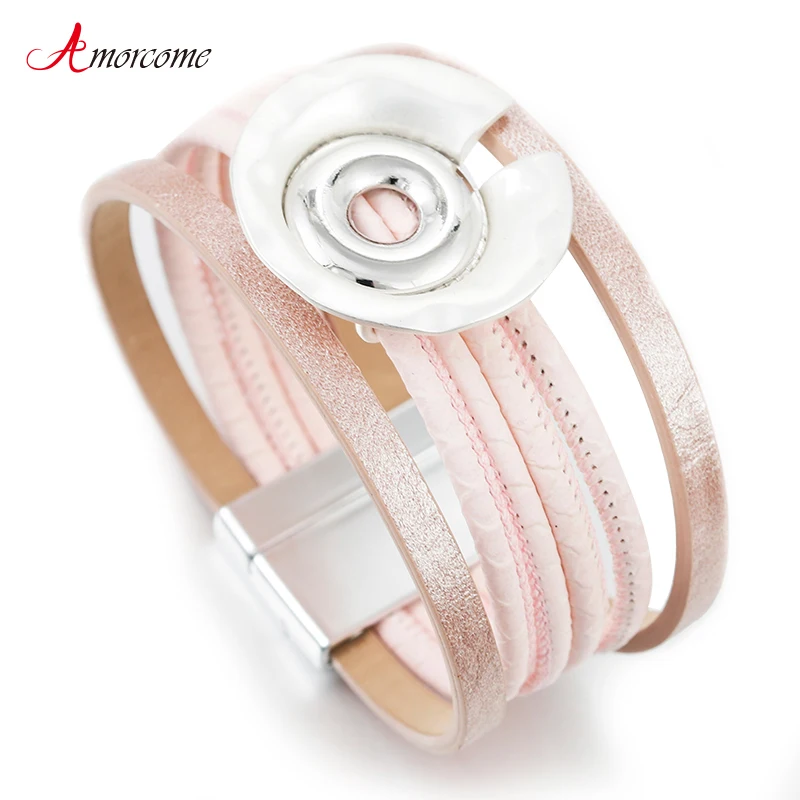 

Amorcome Women Leather Bracelet Jewelry 2019 Fashion Metal Charm Ladies Multilayer Wide Wrap Bracelets & Bangles Femme