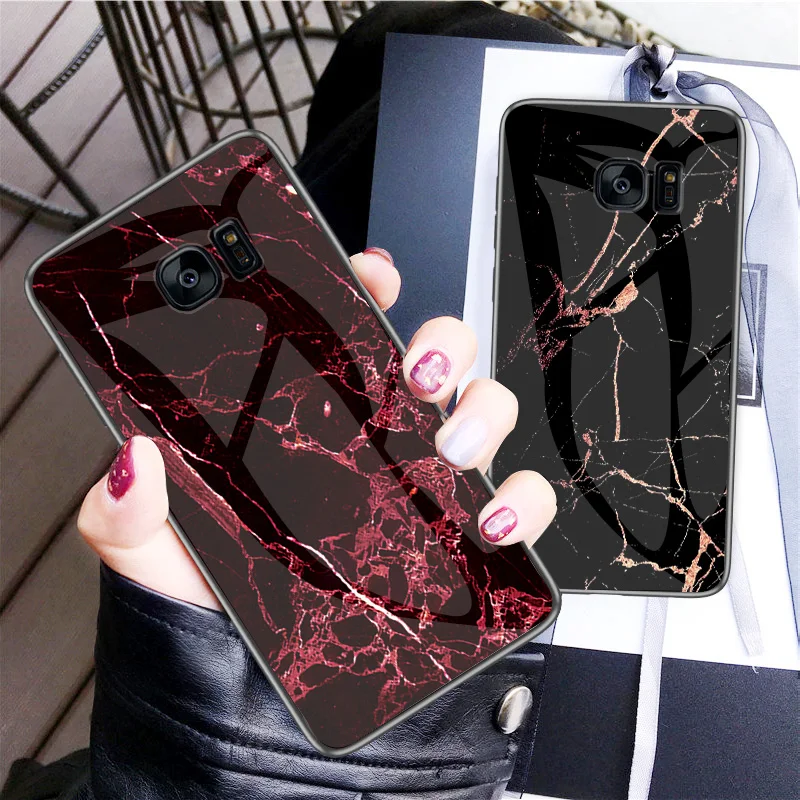 For Samsung S7 Edge Tempered Glass Phone Case Painting Marble Bumper Back Cover Galaxy |