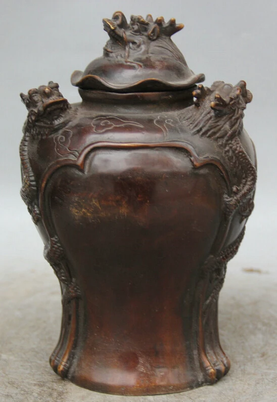 

Collectible bronze S1785 8" Chinese Dynasty palace Bronze circular four Dragon Head jug Pot Jar Crock