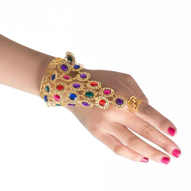 

Wholesale Belly Dance Costume Accessory Bollywood Colored Rhinestones Plated Jewelry Set Indian Necklace & Bracelets