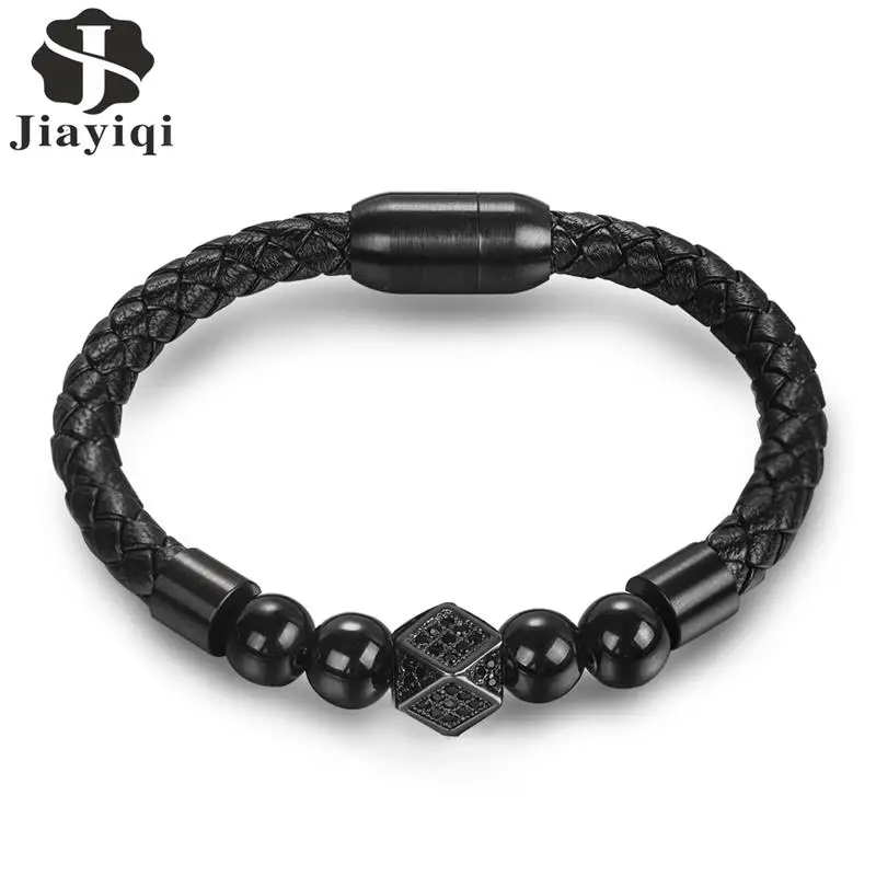 Jiayiqi Charm CZ камень бисер браслеты плетеная кожаная веревка черный Золотой