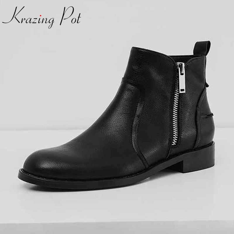 

krazing pot genuine leather short boots low heels round toe gorgeous plus size zipper concise design office Chelsea boots l7f6