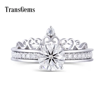 

Transgems Couronne Design 14K 585 White Gold 1 Carat 6.5MM F Color Moissanite Stackable Bridal Ring Set for Women