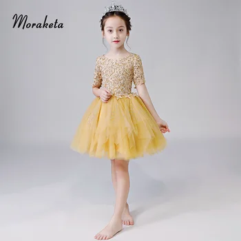 

Princess Short Gold Flower Girl Dresses Lace Rhinestone Tiered Tulle Puffy Girls Pageant Dresses 2019