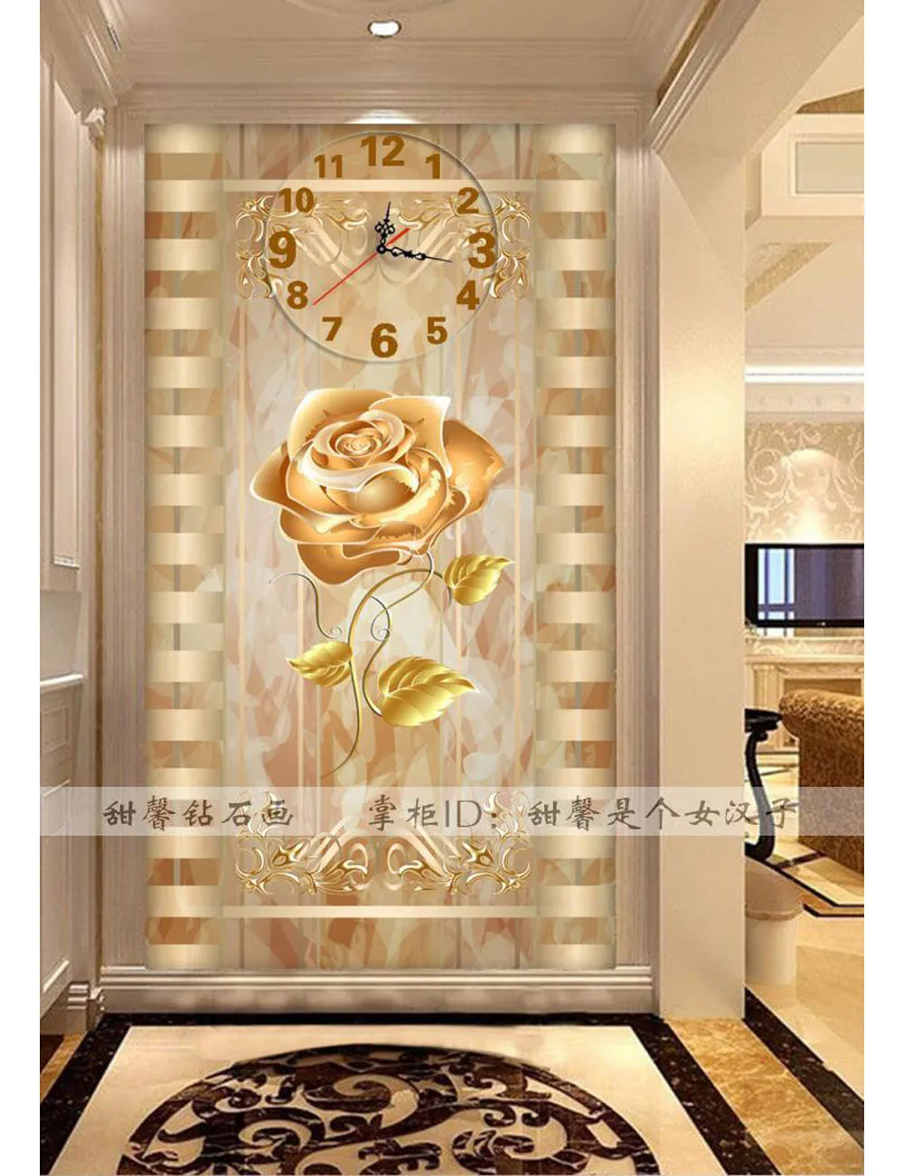 5429 Décoration De Couloir De Salon Broderie De Diamant Moderne Fleur De Roses Mosaïque De Diamant Carré 5d Horloge Murale De Peinture De
