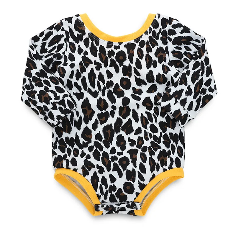 

Kids Girls Leopard Print Jumpsuit Bowknot Backless Long Sleeves Round Neck Rompers M09