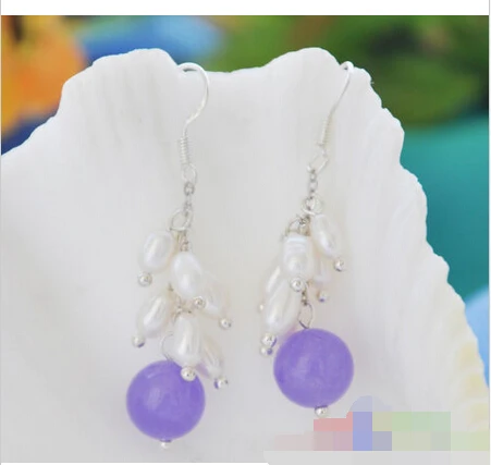 

10mm Violet round jade white rice pearl Grape dangle earring 18K GP style Fine jewe Noble Natural jade FREE SHIPPING