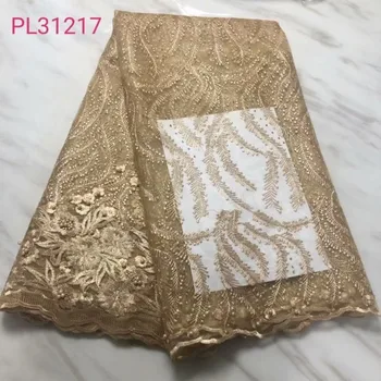 

High Quality Gold African Tulle Lace Fabric Nigerian Net Lace Fabric with Beads French Mesh Lace Fabric for Wedding Dress