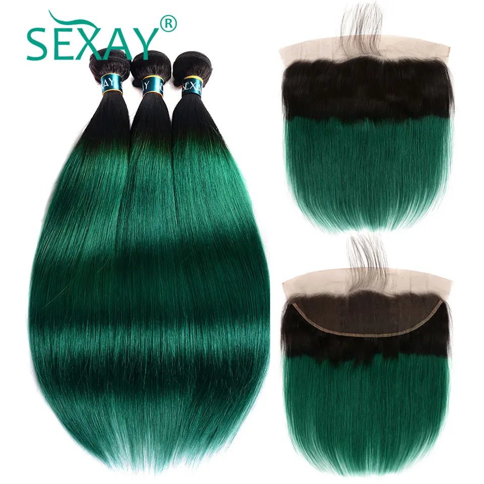 

Green Ombre Bundles With Closure SEXAY Ombre Human Hair Straight With 13x4 Ear to Ear Lace Frontal Closures Pre Plucked Non Remy