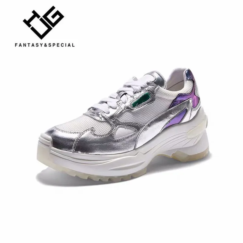 

IGU Women Shoes Sneakers 2019 Spring Sliver Fashion Genuine Leather High Platform Vulcanized Shoes Running Outdoor Dad Shoes