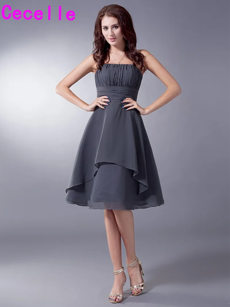 Grey Short Knee Length Wedding Bridesmaids Dresses Strapless pleats