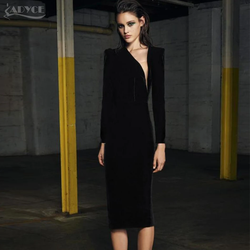 

Adyce 2019 Autumn Chic Party Dresses Black Mesh Patchwork Long Sleeve Back Zipper Dress Vestidos Celebrity Women Bandage Dress