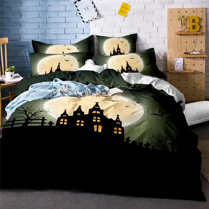 

Halloween Moon Night Duvet Cover Castle Print Bedding Set Bed Sheets Cover Luxury Bedclothes bat Home Textile PillowCase 3/4pcs
